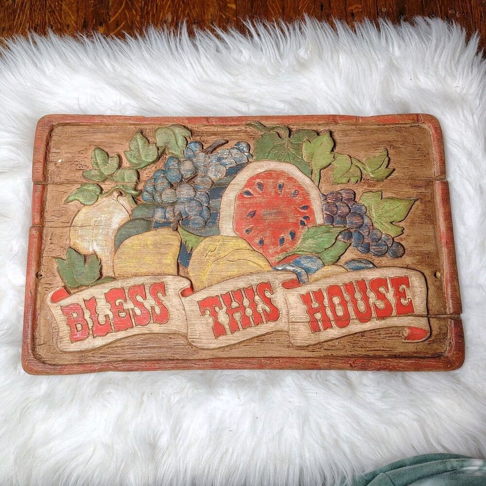 Rustic VTG Gardencore Cottagecore Hand Carved Bless This House Wall Plaque